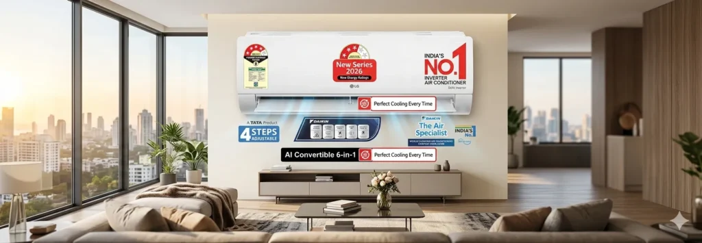 Comparison of Best 1 Ton Inverter ACs for Bedroom in 2026 featuring Daikin, LG, Hitachi, and Voltas models with energy ratings and key features.