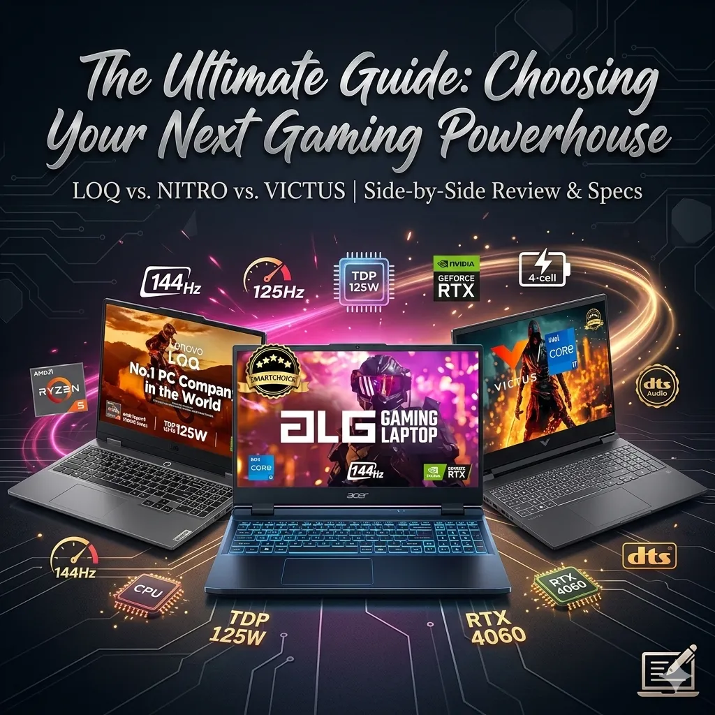 "Gaming laptop comparison guide for Lenovo LOQ, Acer Nitro, and HP Victus with RTX 4060 graphics."