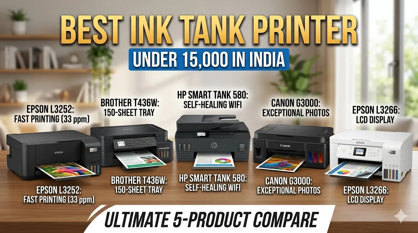 Comparison of best ink tank printers under 15,000 in India including Epson L3252, Brother T436W, HP Smart Tank 580, Canon G3000, and Epson L3266 on a desk in a modern home office