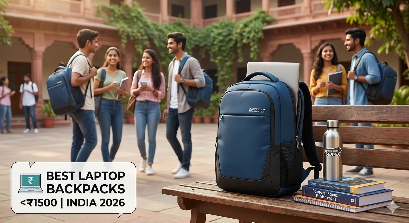 Best college backpacks with laptop compartment under 1500 in India 2026 - Comparison of American Tourister, Safari, and Wildcraft bags for students.