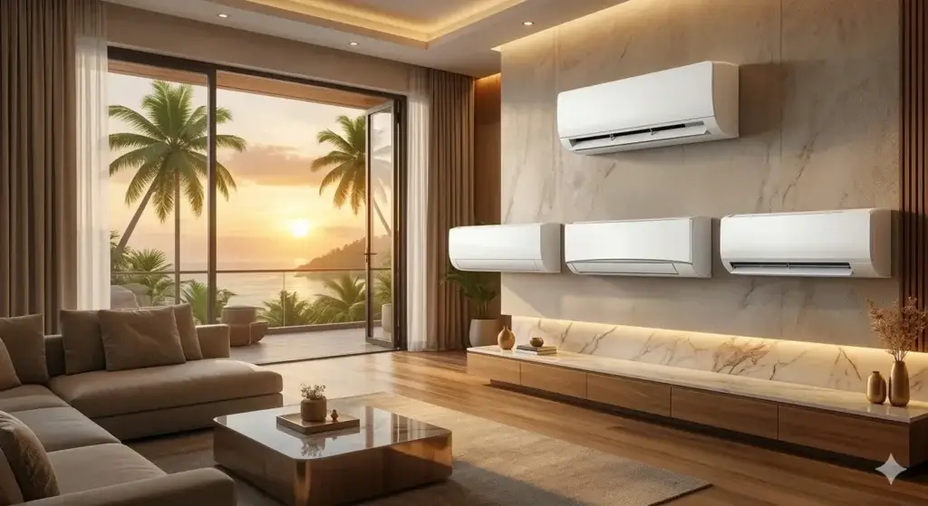 Comparison of top 1.5 ton 5 star inverter split AC models in India for 2026 showing modern indoor units in a luxury living room.