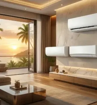 Comparison of top 1.5 ton 5 star inverter split AC models in India for 2026 showing modern indoor units in a luxury living room.