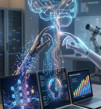 Modern laptops on a desk displaying complex data analytics and machine learning models with a futuristic digital AI hologram.