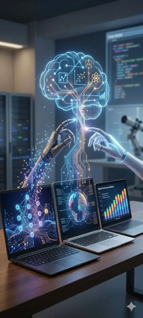 Modern laptops on a desk displaying complex data analytics and machine learning models with a futuristic digital AI hologram.
