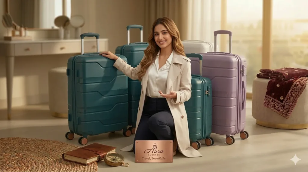 Premium large check-in luggage collection for marriage packing featuring a professional model and colorful Nasher Miles style trolley bags.