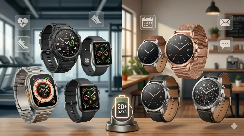 Top 7 premium smartwatches in India for 2026 featuring long battery life, AMOLED displays, and rugged designs for men and women.