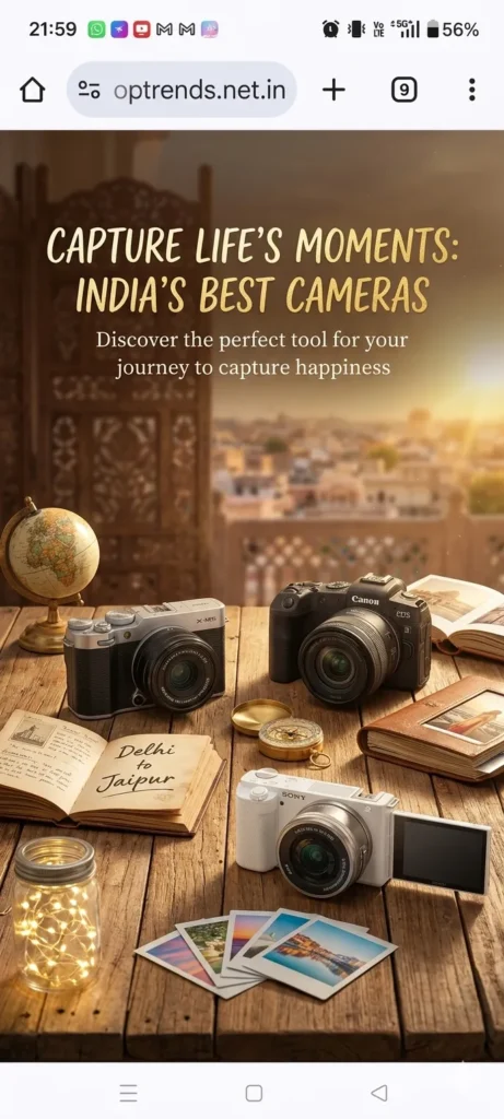 Best photography cameras in India including Sony Alpha ZV-E10 and Canon EOS R50 displayed on a wooden table with travel journals and photos to capture happiness moments.