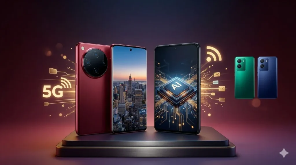 Latest 5G smartphones from vivo, OnePlus, Oppo, and realme with their March 2026 price list and features. Comparison of premium 5G phones available on Amazon in India.