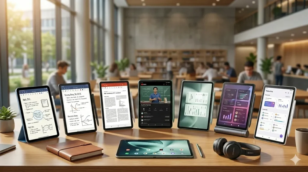 Collection of the 7 best budget tablets for students with pens in 2026 including iPad, Samsung, and Lenovo models on a study desk.