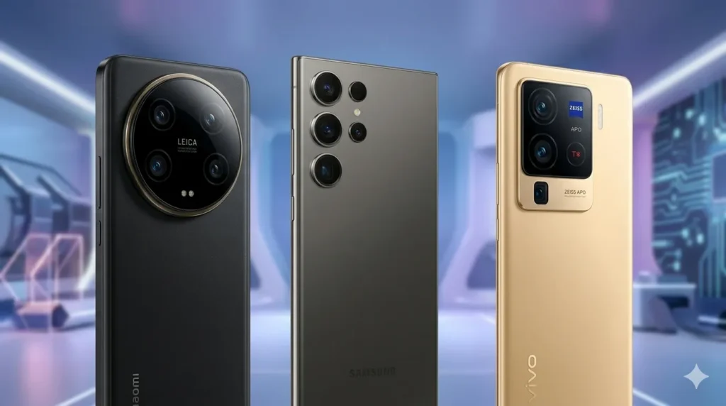 Comparison of top flagship smartphones 2026 featuring Samsung Galaxy S26 Ultra, iPhone 17 Pro Max, and OnePlus 15.