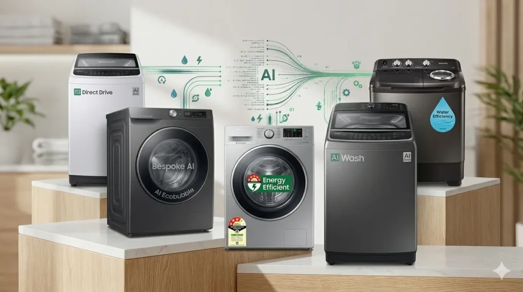 Six advanced AI-powered washing machines showcasing Bespoke AI, EcoBubble, and Direct Drive technologies in a bright, modern setting.