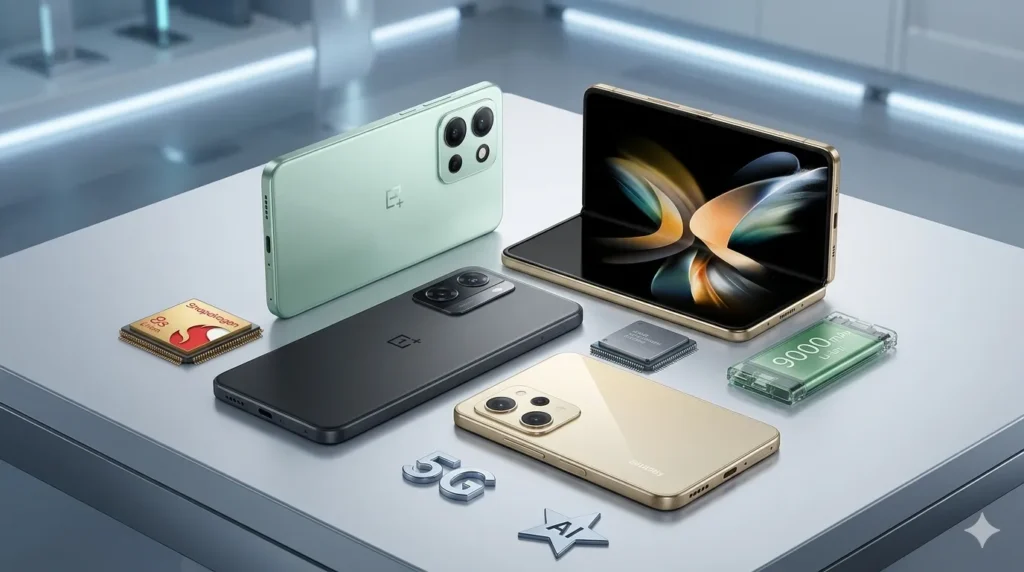 ​"Latest smartphones in India March 2026 featuring upcoming 5G mobile launches, foldable phones, and advanced AI camera technology on a clean studio background."