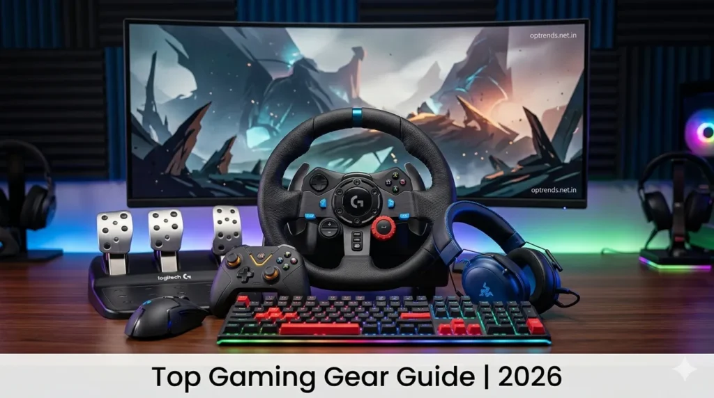 Professional gaming setup featuring Logitech racing wheel, mechanical keyboard, and gaming accessories for 2026.