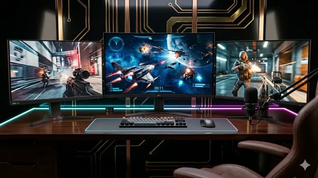 ​"Professional gaming setup in India featuring high refresh rate monitors from Lenovo Legion, Acer Nitro, and LG Ultragear with RGB lighting."