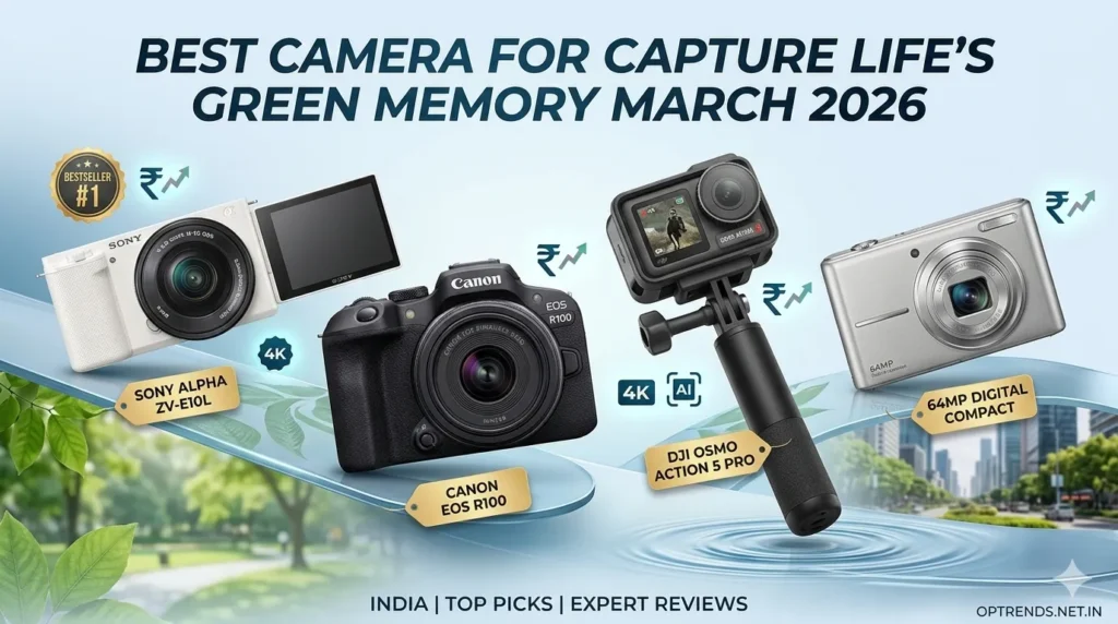 TopTrends India expert review of best 4K cameras 2026 showing Sony, Canon, and DJI models against a nature background.