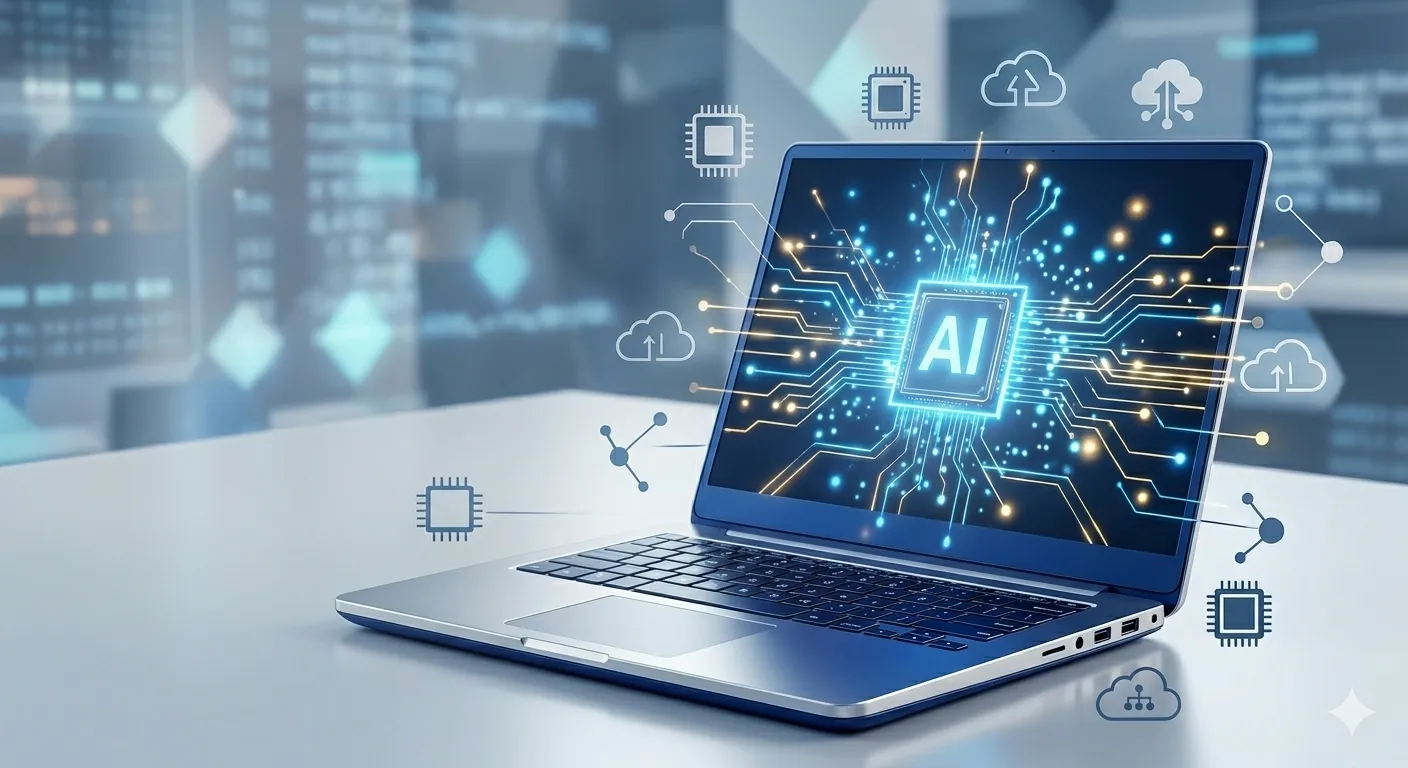 Futuristic AI-powered laptop with a blue glowing motherboard interface on the screen, symbolizing advanced artificial intelligence technology.