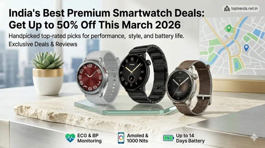 Premium smartwatches from Samsung, Noise, and Amazfit displayed on a modern desk with a 50% off March 2026