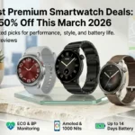 Premium smartwatches from Samsung, Noise, and Amazfit displayed on a modern desk with a 50% off March 2026