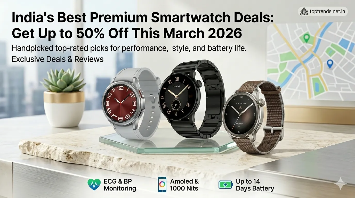 Premium smartwatches from Samsung, Noise, and Amazfit displayed on a modern desk with a 50% off March 2026