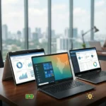 Top 6 best professional laptops for business in India 2026 displayed on an office desk with a corporate city background.