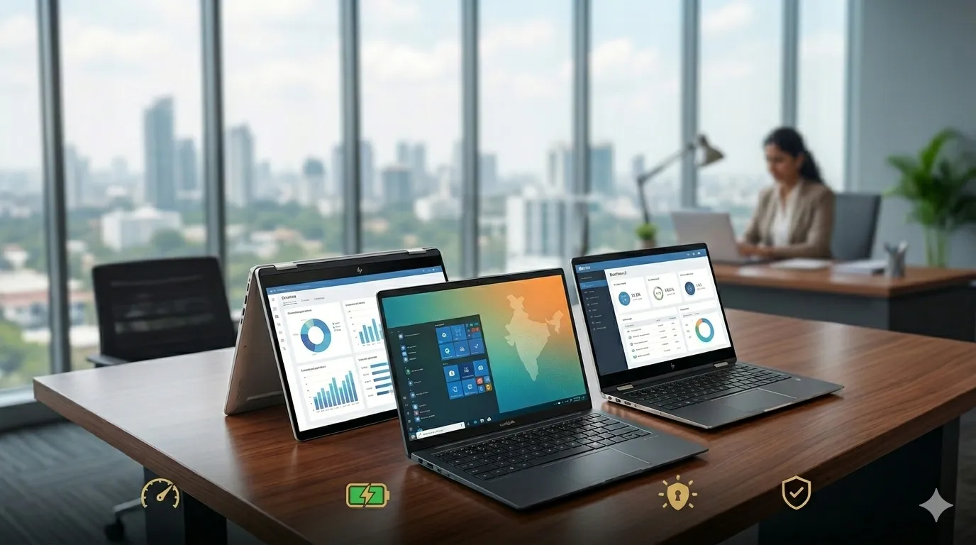 Top 6 best professional laptops for business in India 2026 displayed on an office desk with a corporate city background.