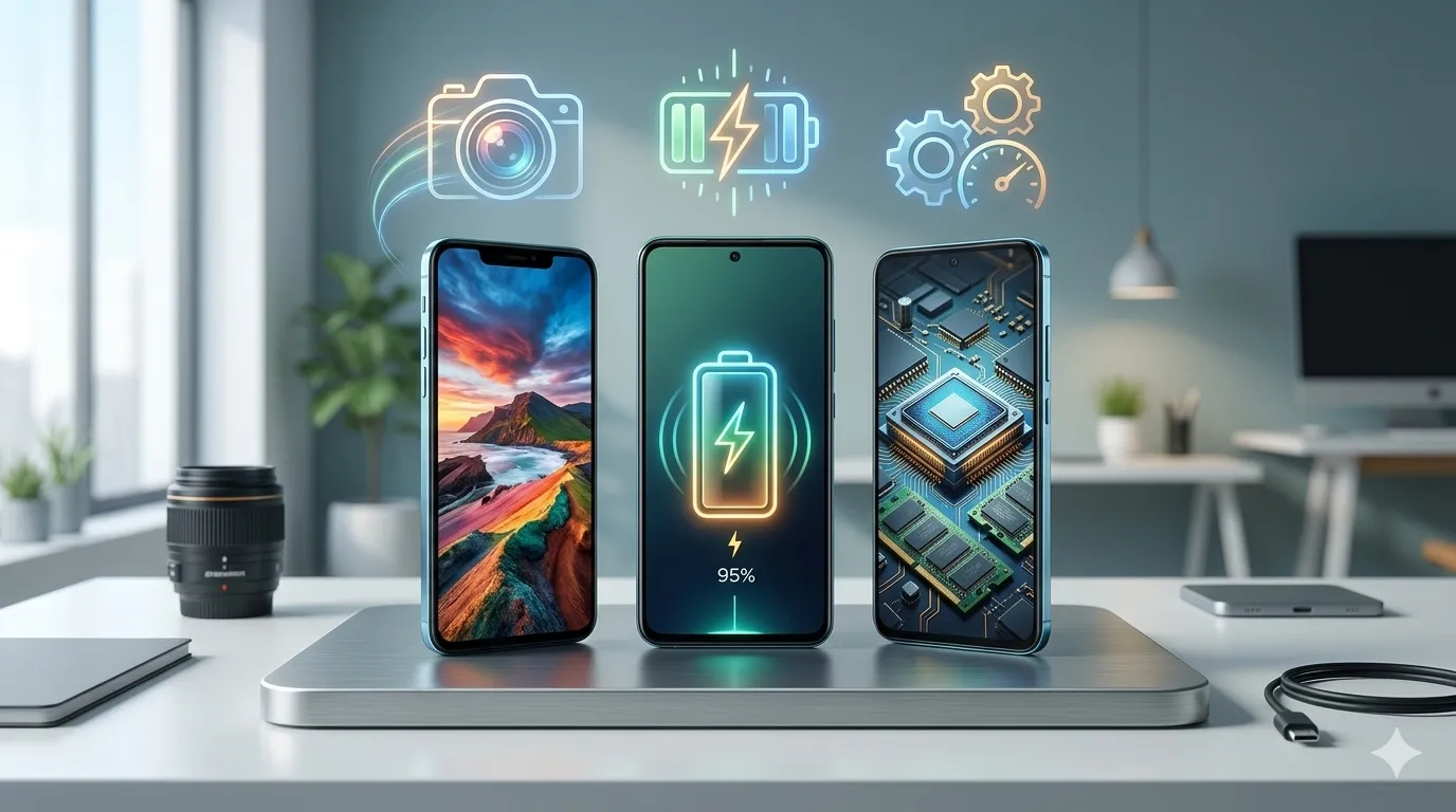 A comparison of premium smartphones showcasing key features like professional photography, long-lasting battery life, and extra RAM/performance symbolized by glowing digital overlays.