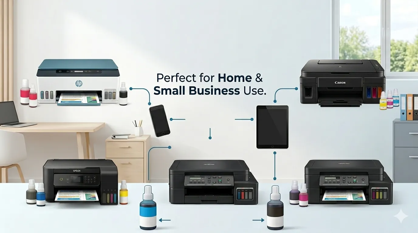 Comparison of HP, Canon, Epson, and Brother ink tank printers with mobile printing support.