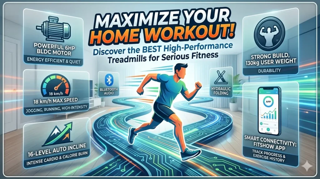 Best high-performance home treadmill with 6HP BLDC motor, 18km/h speed, and 16-level auto incline features for serious fitness.