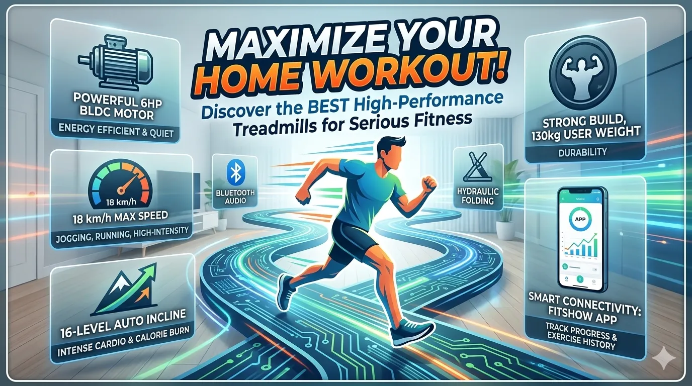Best high-performance home treadmill with 6HP BLDC motor, 18km/h speed, and 16-level auto incline features for serious fitness.