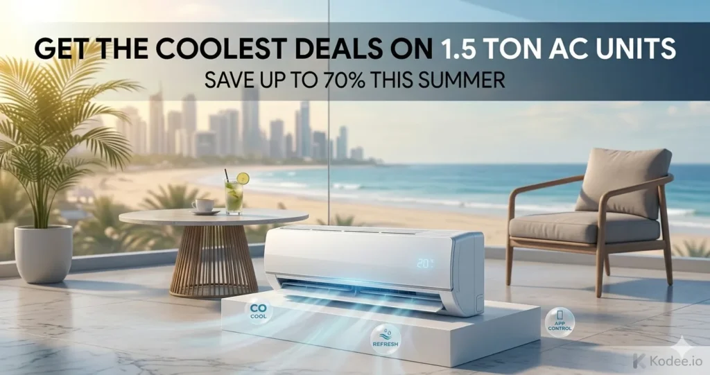 Sleek inverter air conditioner operating in a bright living room overlooking the beach during a summer sale.