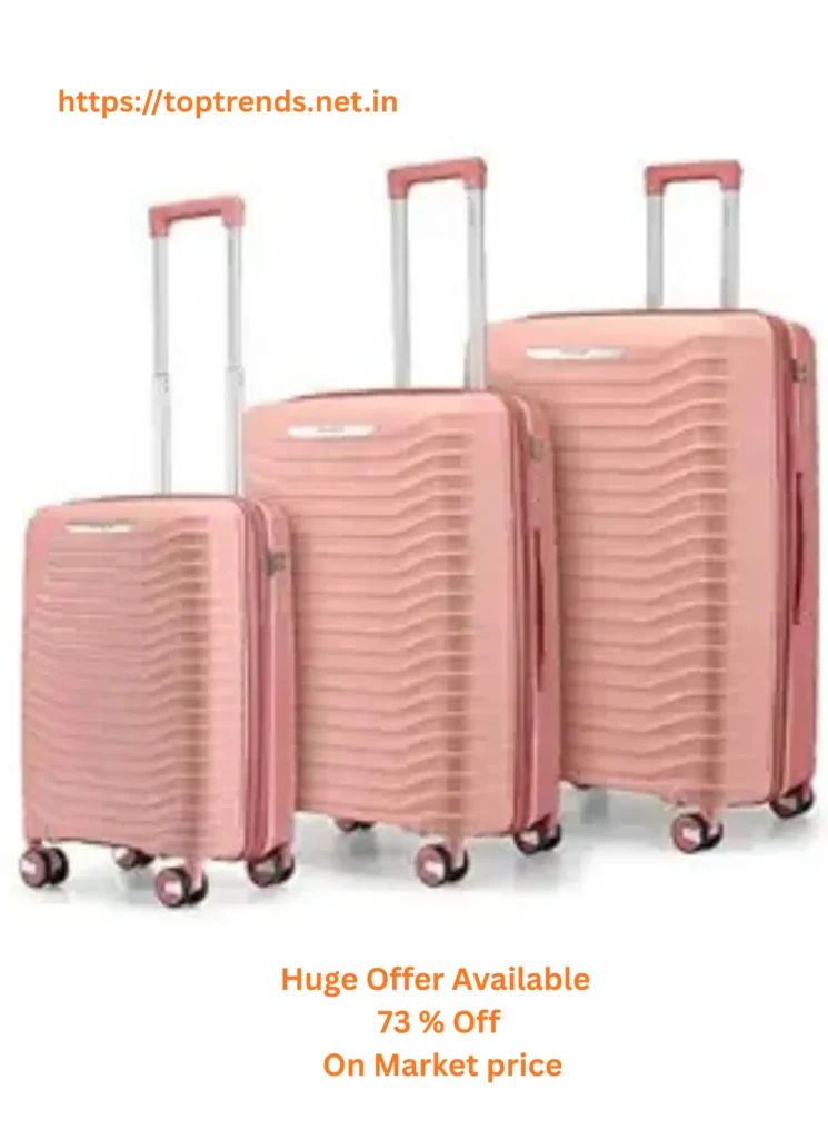 "3 piece pastel pink luggage set with spinner wheels and telescopic handles"