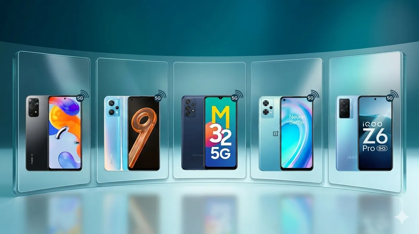 Best 5G smartphones under 30000 in India displayed in a premium glass panel showcase for product comparison.