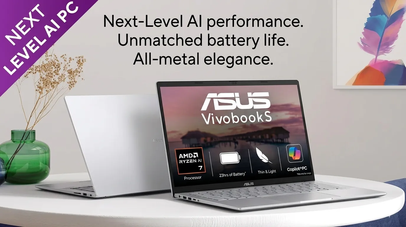 ASUS Vivobook S laptop in Cool Silver displayed open and closed on a white table.