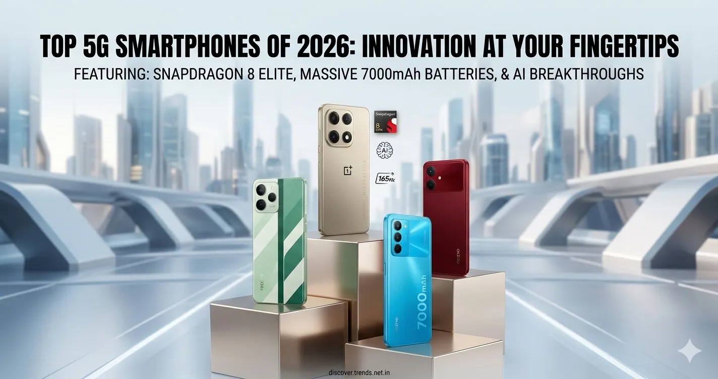 "Top 5G smartphones of 2026 featuring the OnePlus 15, Realme Narzo 90, and Oppo F33 Pro on display in a modern showroom."