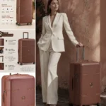 Stylish brown travel suitcase with hard polycarbonate shell and spinner wheels