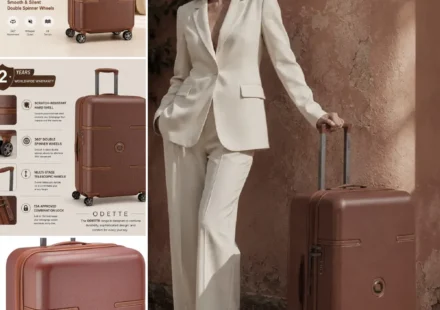 Stylish brown travel suitcase with hard polycarbonate shell and spinner wheels