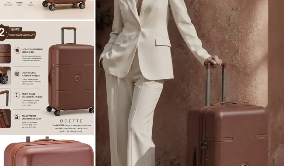 Stylish brown travel suitcase with hard polycarbonate shell and spinner wheels