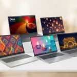 Professional laptops arranged for a festive technology sale event, featuring colorful Indian cultural designs.