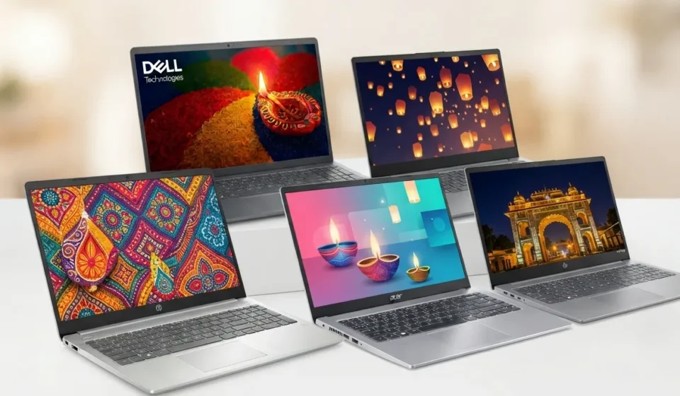 Best Laptop Under ₹50,000 in India: Top Picks for Students, Coding & Office Work Professional laptops arranged for a festive technology sale event, featuring colorful Indian cultural designs.