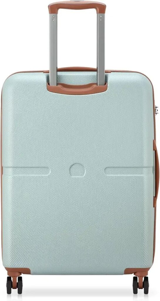 Specifications table for DELSEY PARIS Juliette medium check-in trolley bag in Sage Green.
