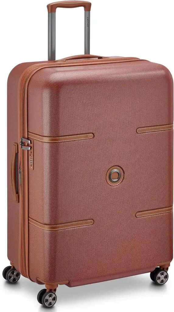 DELSEY PARIS Odette suitcase features infographic showing telescopic handle and spinner wheels